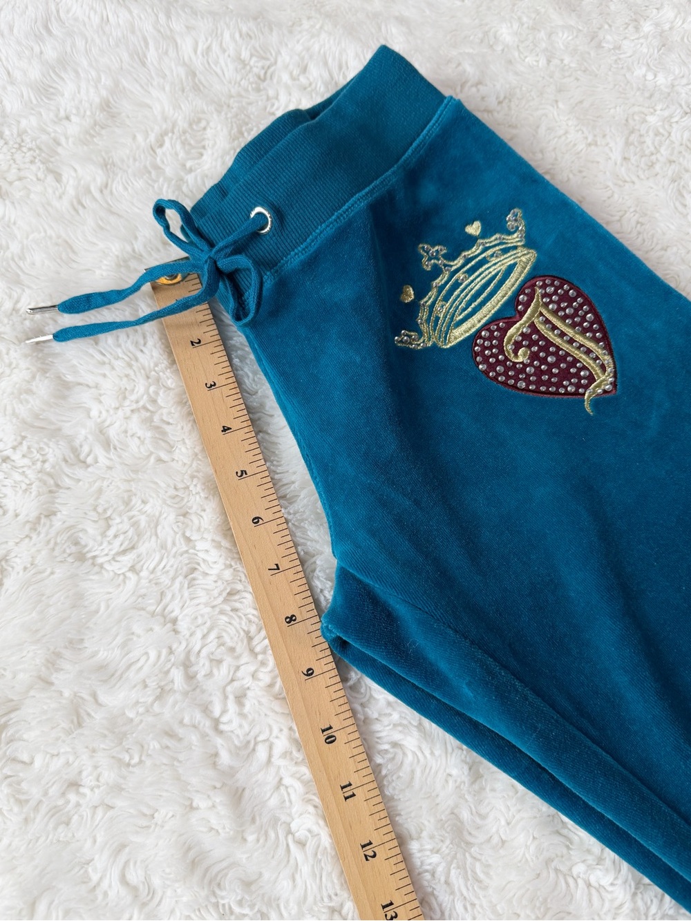 VTG Y2K 90s Juicy Couture Woman Teal Velvet Rhinestone Logo Bootcut Track Pants - Picture 7 of 9